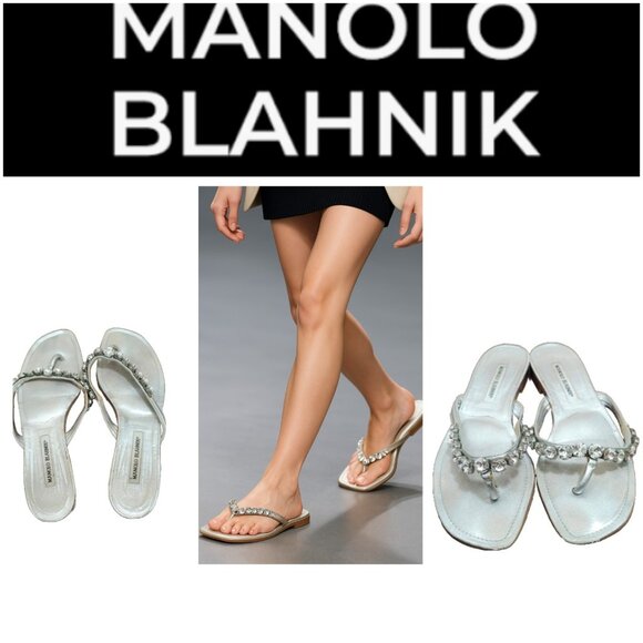Manolo Blahnik Silver Crystal Thong Sandals Size 39.5 / 9.5 Designer Slide Shoes - Picture 12 of 15